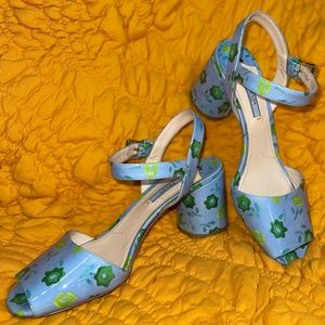 Rare Prada Sky Blue & Emerald Floral Print Patent Leather Open Heels